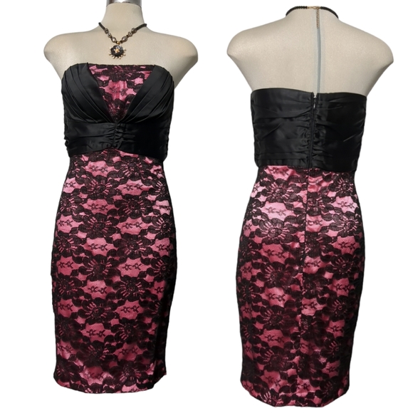 Black and Pink Gorgeous Satin and Black Lace Strapped Dress Size SP - Picture 1 of 10